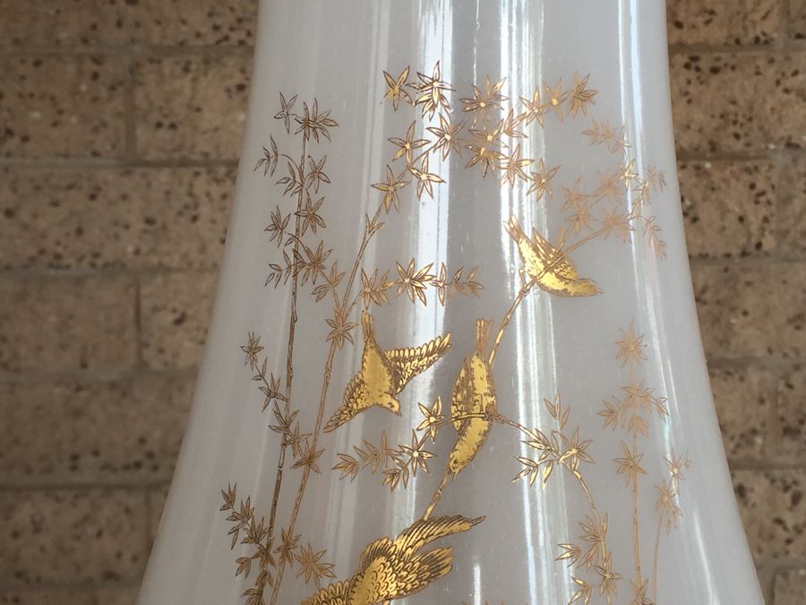 Pair Of White Milk Glass Lamps With Gold Bird And Plant Motif On Painted Wooden Base [Photo 8]