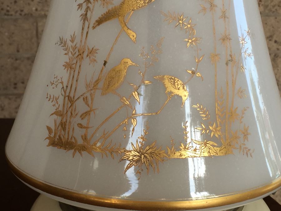 Pair Of White Milk Glass Lamps With Gold Bird And Plant Motif On Painted Wooden Base [Photo 6]