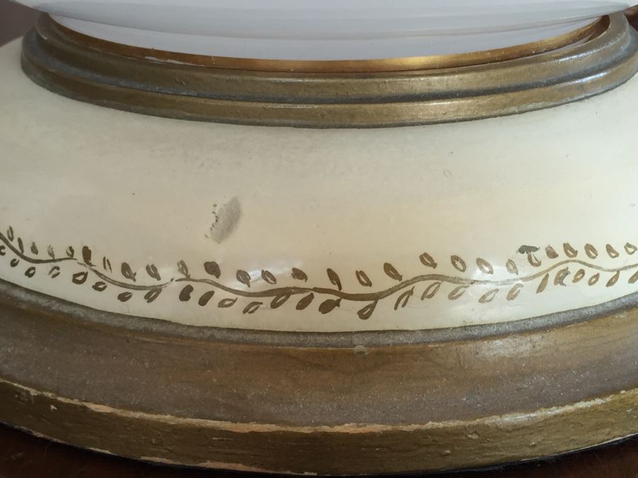 Pair Of White Milk Glass Lamps With Gold Bird And Plant Motif On Painted Wooden Base [Photo 4]