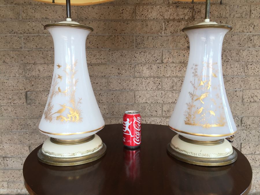 Pair Of White Milk Glass Lamps With Gold Bird And Plant Motif On Painted Wooden Base [Photo 2]