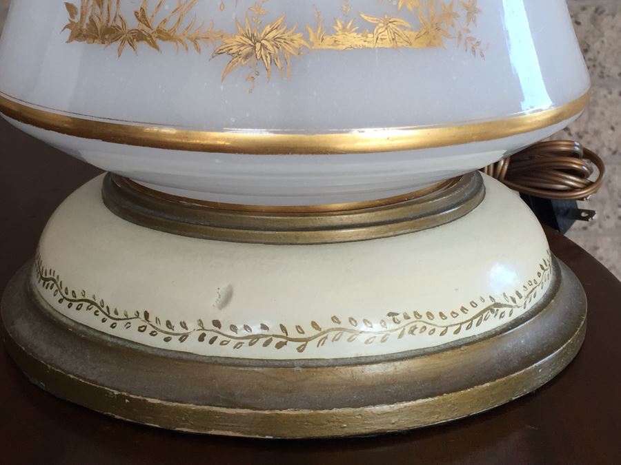 Pair Of White Milk Glass Lamps With Gold Bird And Plant Motif On Painted Wooden Base [Photo 5]