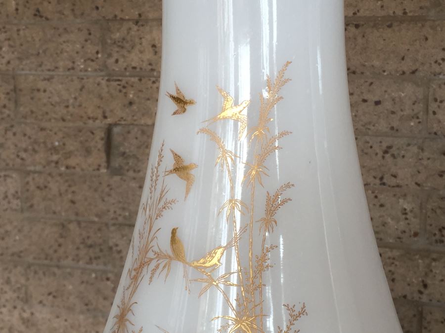 Pair Of White Milk Glass Lamps With Gold Bird And Plant Motif On Painted Wooden Base [Photo 12]