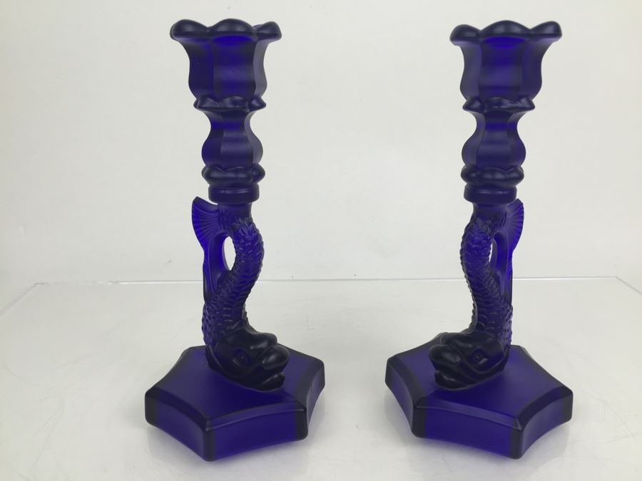 Pair Of Blue Glass Dolphin Koi Fish Candlesticks [Photo 8]