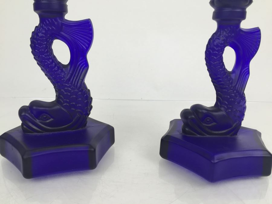 Pair Of Blue Glass Dolphin Koi Fish Candlesticks [Photo 2]