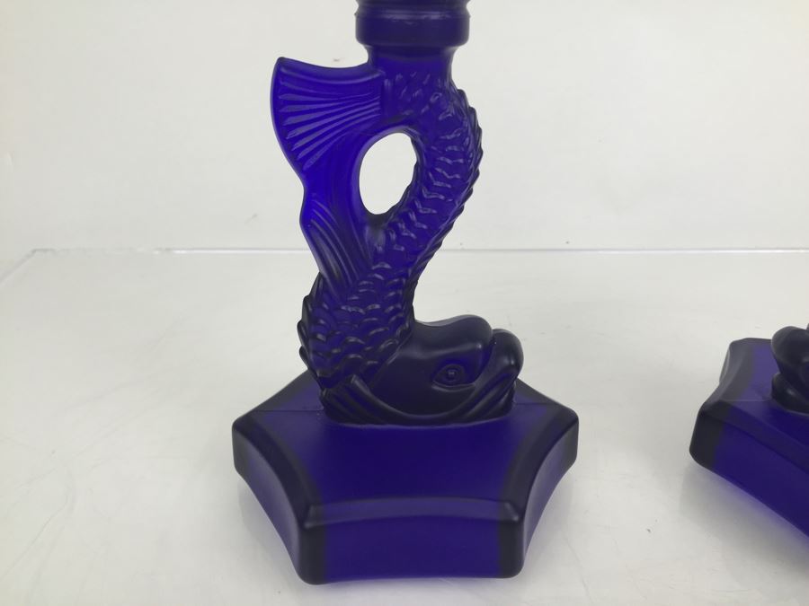 Pair Of Blue Glass Dolphin Koi Fish Candlesticks [Photo 6]
