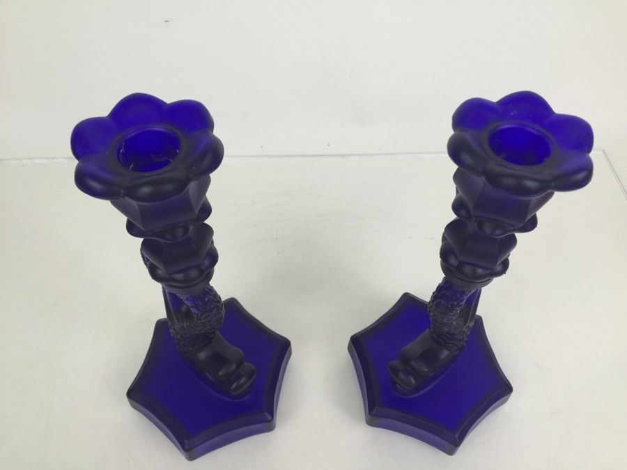 Pair Of Blue Glass Dolphin Koi Fish Candlesticks [Photo 9]