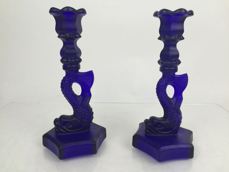Pair Of Blue Glass Dolphin Koi Fish Candlesticks [Photo 10]