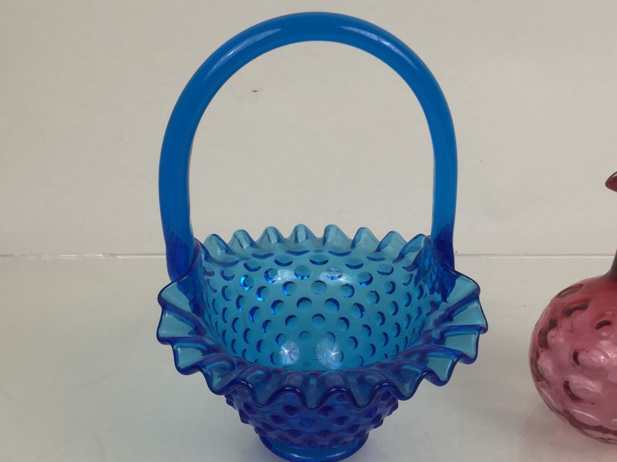 Fenton Glass Hobnail Basket With Handle And Pink Glass Pitcher [Photo 6]