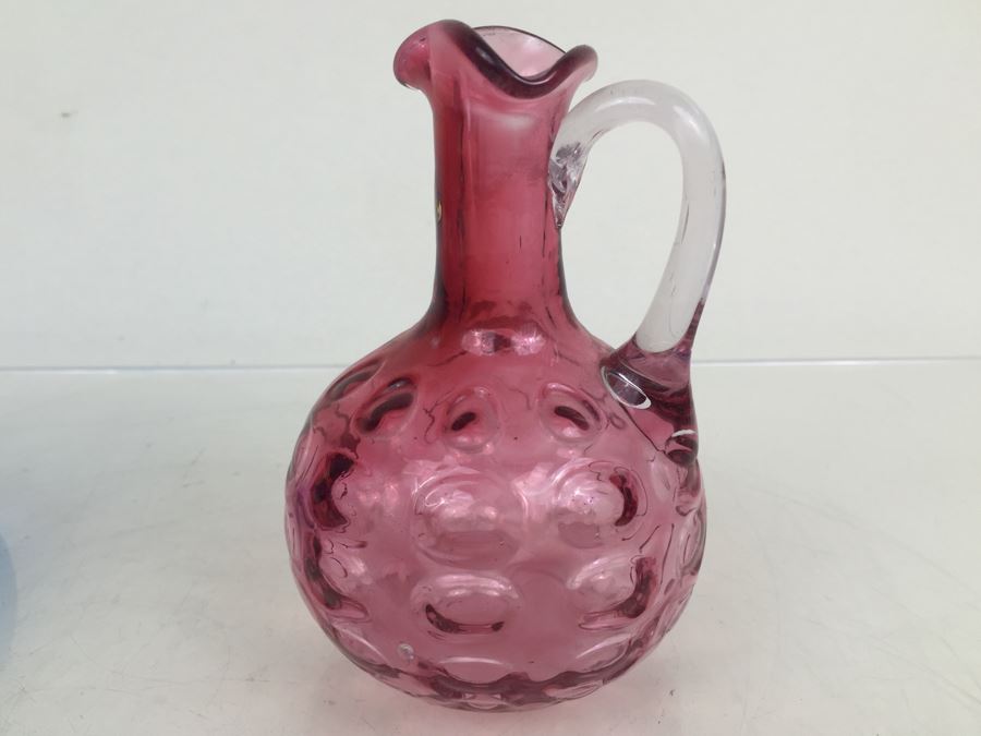 Fenton Glass Hobnail Basket With Handle And Pink Glass Pitcher [Photo 3]