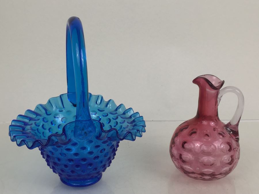 Fenton Glass Hobnail Basket With Handle And Pink Glass Pitcher [Photo 4]
