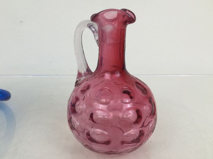 Fenton Glass Hobnail Basket With Handle And Pink Glass Pitcher [Photo 13]