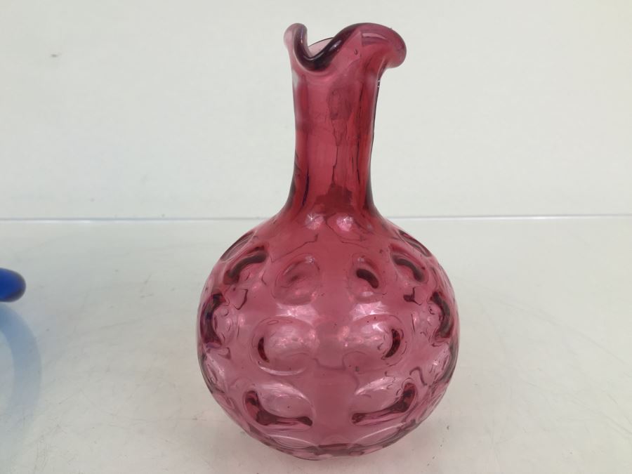 Fenton Glass Hobnail Basket With Handle And Pink Glass Pitcher [Photo 12]