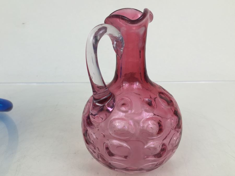 Fenton Glass Hobnail Basket With Handle And Pink Glass Pitcher [Photo 14]
