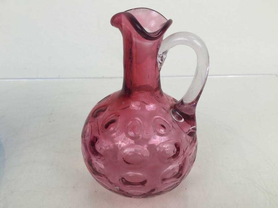 Fenton Glass Hobnail Basket With Handle And Pink Glass Pitcher [Photo 11]