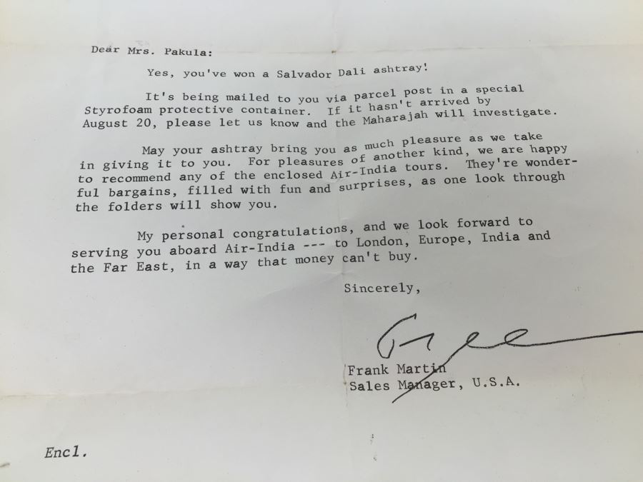 Salvador Dali Signed Ashtray Limited Edition #431 Made By Teissonniere-Limoges For Air-India With Air-India Letter Dated 1969 With Swan And Snake Serpent Motif [Photo 8]