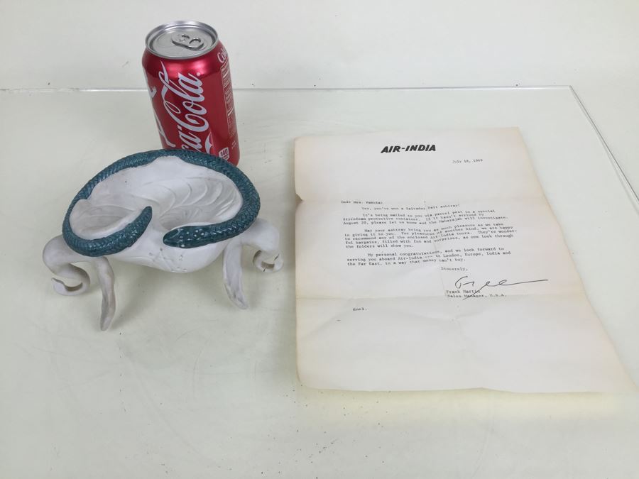 Salvador Dali Signed Ashtray Limited Edition #431 Made By Teissonniere-Limoges For Air-India With Air-India Letter Dated 1969 With Swan And Snake Serpent Motif