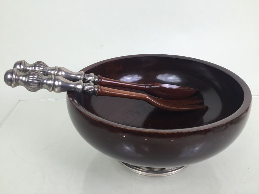 Hallmark Silversmiths Sterling Base And Handles Wooden Salad Bowl Set New York [Photo 6]