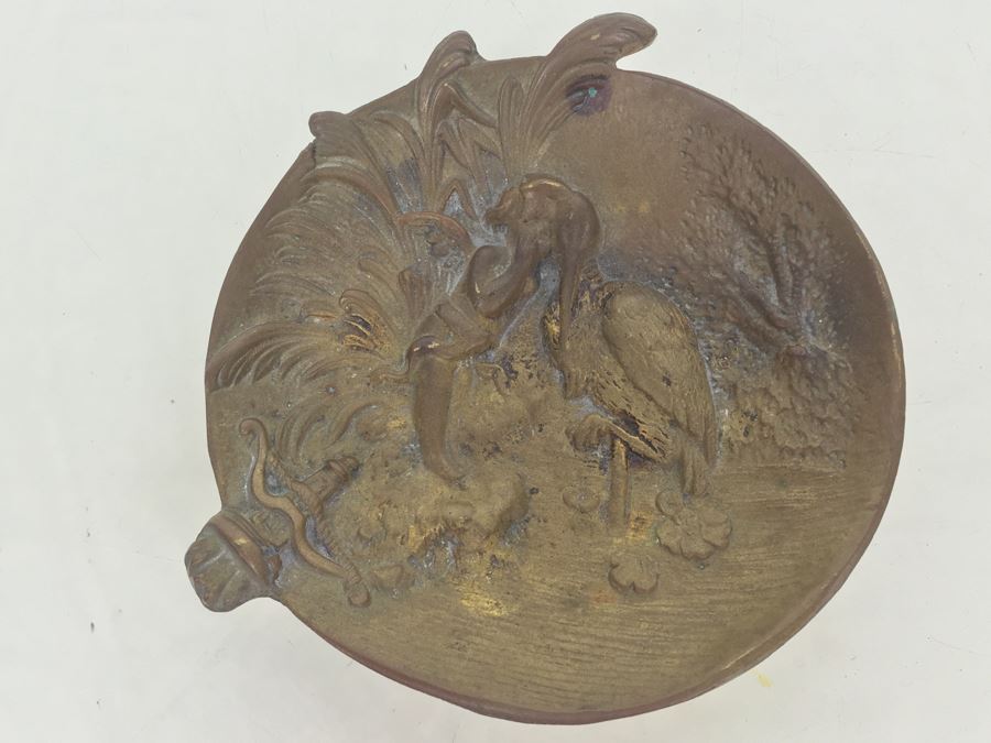 Old Bronze Pin Dresser Tray Bowl With Cherub And Stork Brass [Photo 10]