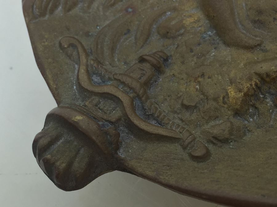Old Bronze Pin Dresser Tray Bowl With Cherub And Stork Brass [Photo 7]