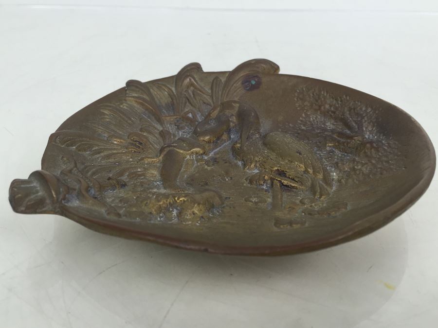 Old Bronze Pin Dresser Tray Bowl With Cherub And Stork Brass [Photo 9]