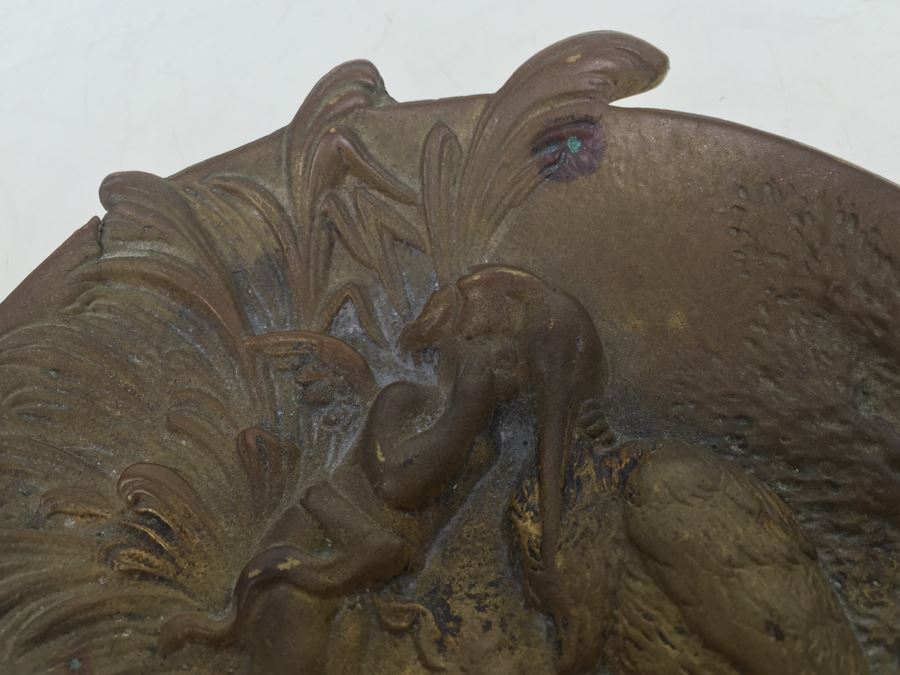 Old Bronze Pin Dresser Tray Bowl With Cherub And Stork Brass [Photo 8]