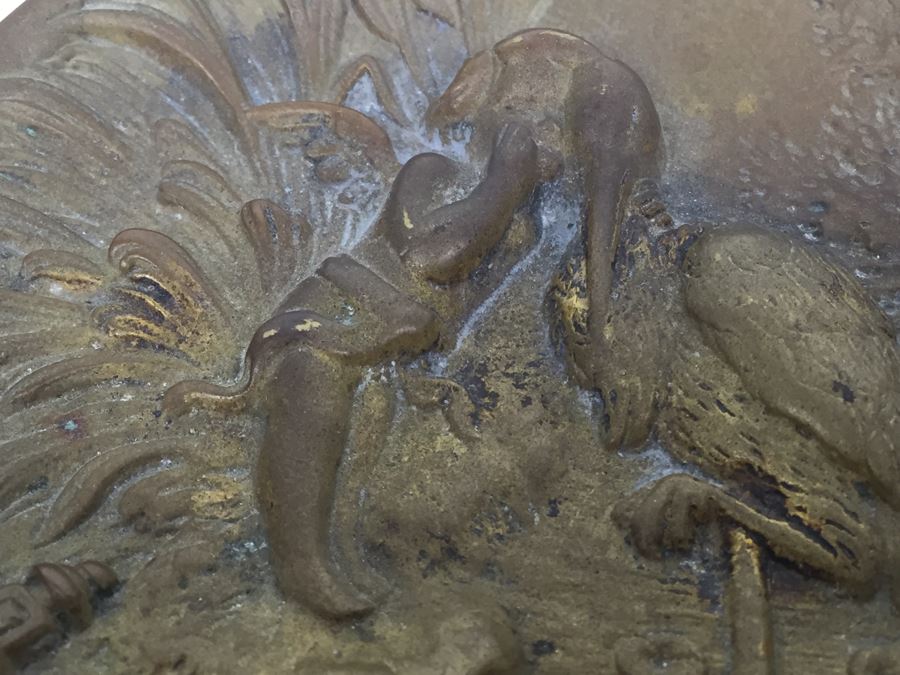 Old Bronze Pin Dresser Tray Bowl With Cherub And Stork Brass [Photo 5]