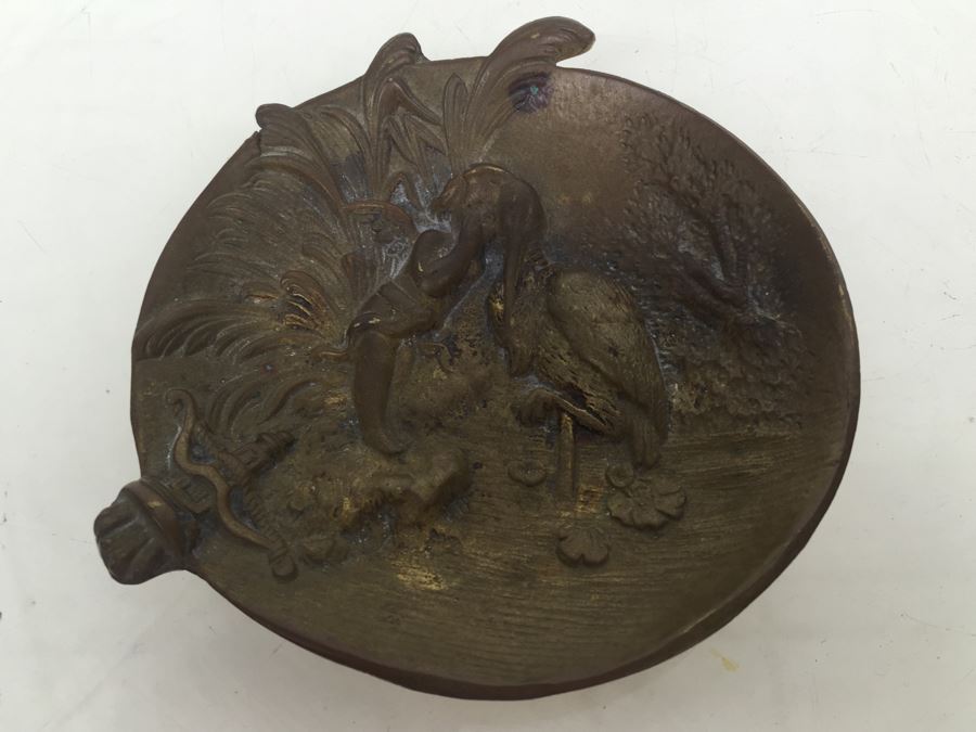 Old Bronze Pin Dresser Tray Bowl With Cherub And Stork Brass