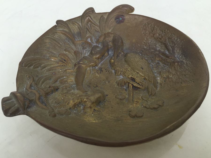 Old Bronze Pin Dresser Tray Bowl With Cherub And Stork Brass [Photo 2]
