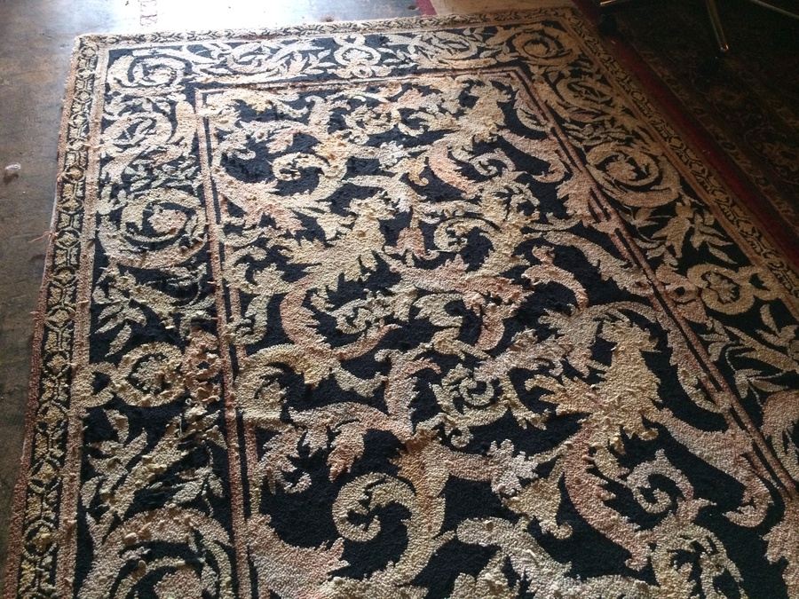 Vintage EMBROIDERED Area Rug FLORAL Ornate HUGE Carpet FABRIC Black 8' X 5' [Photo 4]