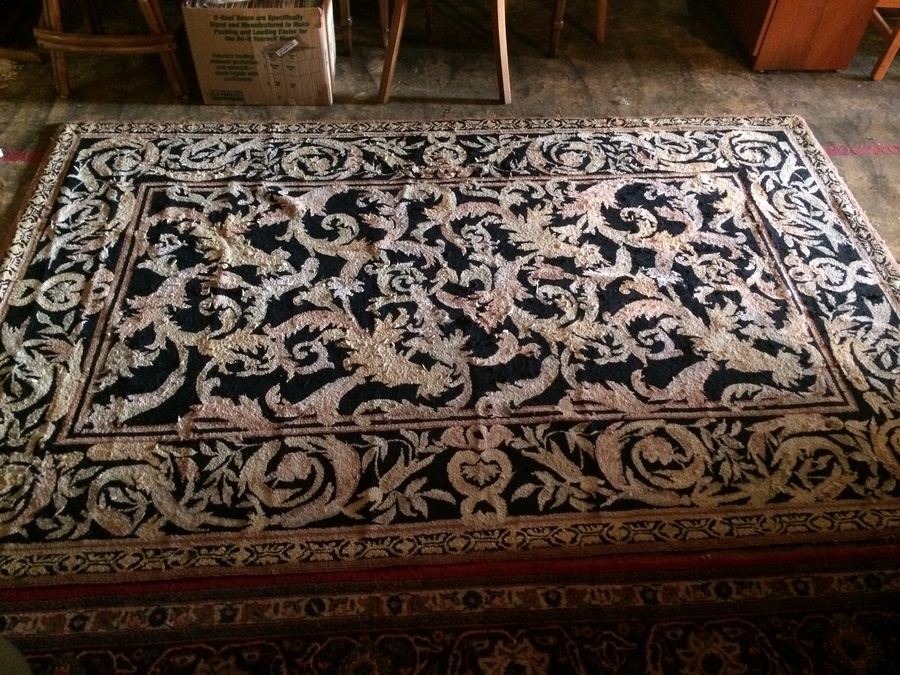 Vintage EMBROIDERED Area Rug FLORAL Ornate HUGE Carpet FABRIC Black 8' X 5' [Photo 5]