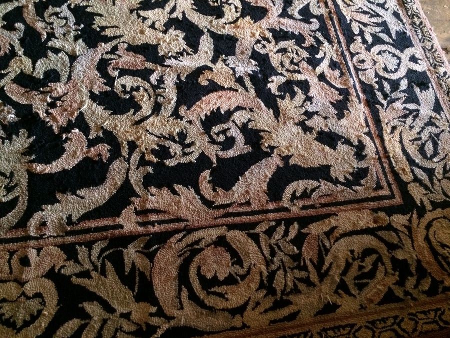 Vintage EMBROIDERED Area Rug FLORAL Ornate HUGE Carpet FABRIC Black 8' X 5' [Photo 6]