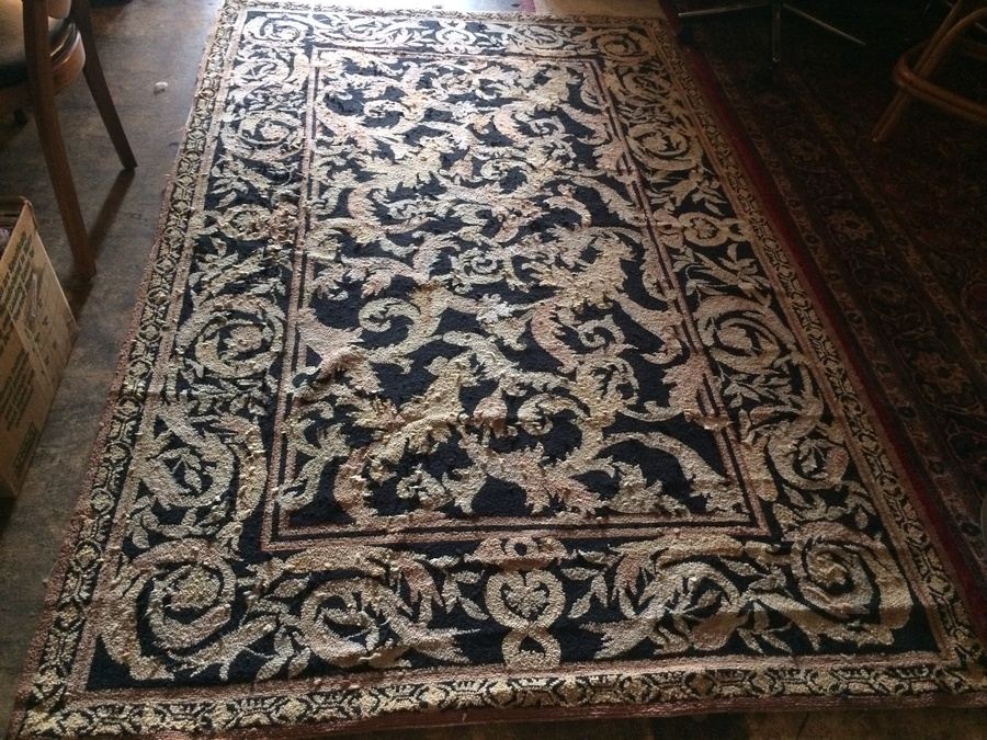 Vintage EMBROIDERED Area Rug FLORAL Ornate HUGE Carpet FABRIC Black 8' X 5'