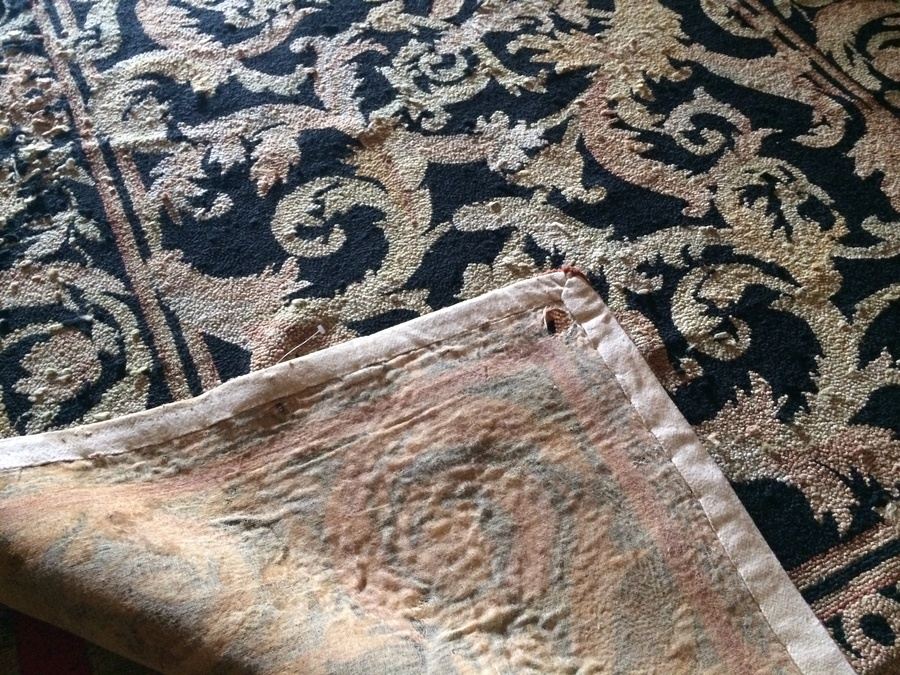 Vintage EMBROIDERED Area Rug FLORAL Ornate HUGE Carpet FABRIC Black 8' X 5' [Photo 3]