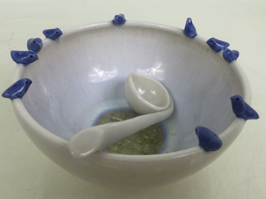 Hand Made Sugar Bowl With Birds Perched On Rim Signed Kimberly Johnson? 1984 [Photo 11]
