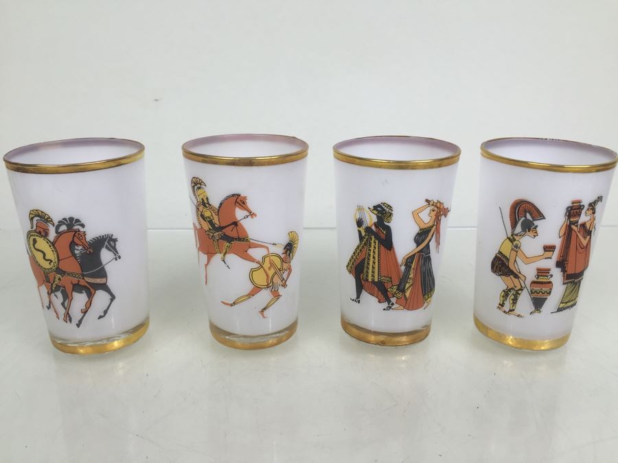 Set Of 4 Mid-Century Glasses With Gold Rims