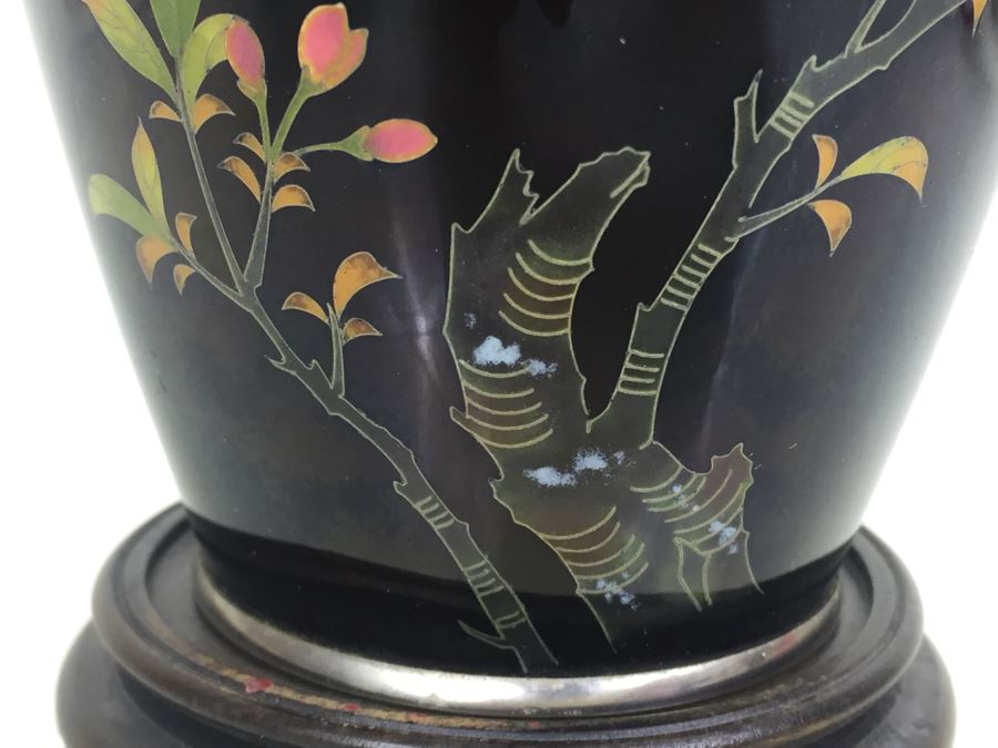 Stunning Signed Japanese SATO Cloisonne Vase With Stand Bird And Floral Motif In Excellent Condition [Photo 8]