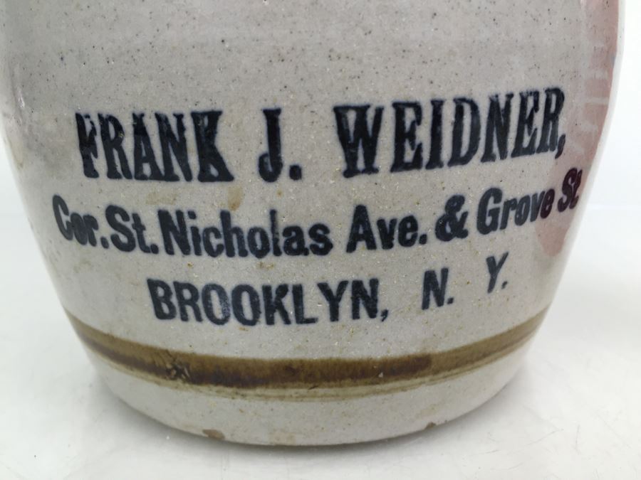 Vintage Stoneware Jug Milk Pitcher With Writing 'Frank J. Weidner Cor. St. Nicholas Ave. & Grove St. Brooklyn, NY' [Photo 2]