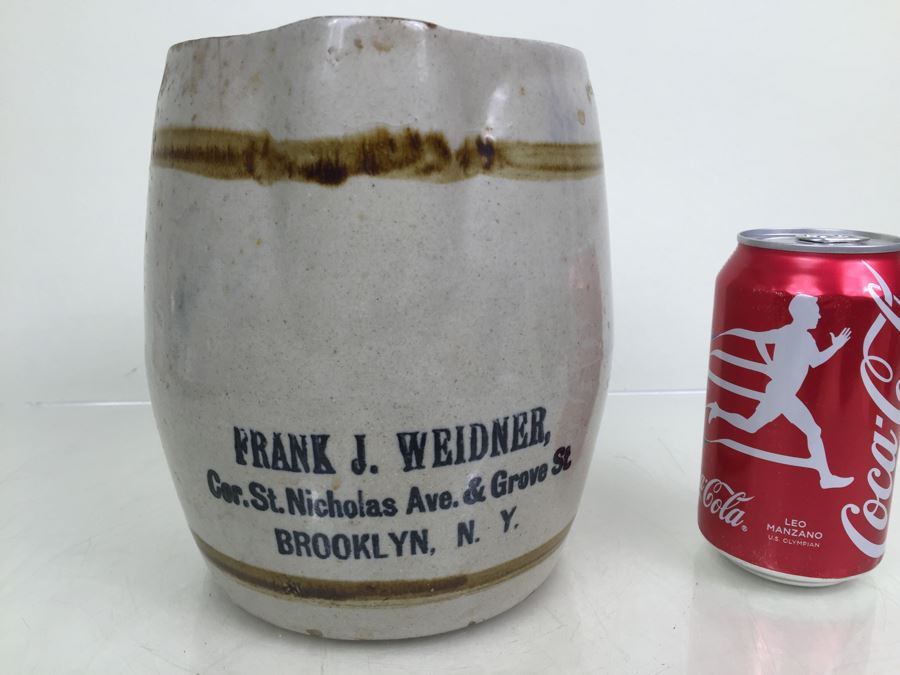 Vintage Stoneware Jug Milk Pitcher With Writing 'Frank J. Weidner Cor. St. Nicholas Ave. & Grove St. Brooklyn, NY' [Photo 1]