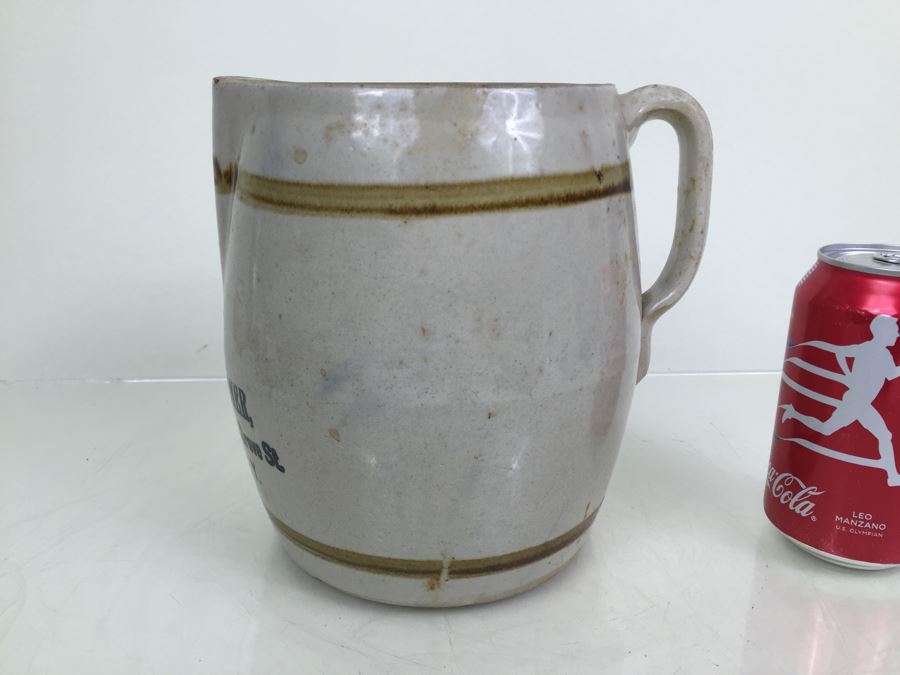 Vintage Stoneware Jug Milk Pitcher With Writing 'Frank J. Weidner Cor. St. Nicholas Ave. & Grove St. Brooklyn, NY' [Photo 6]