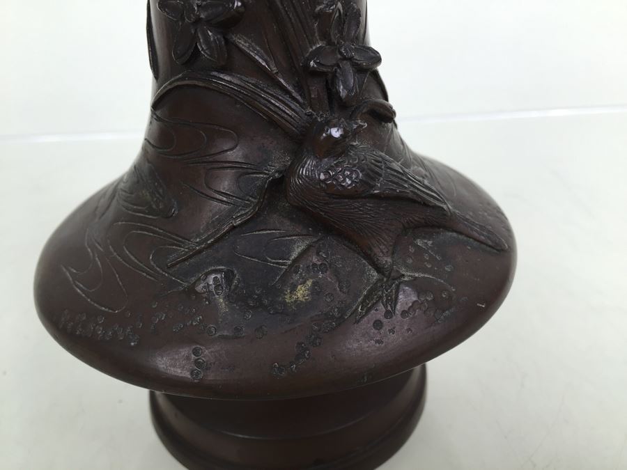 Heavy Bronze Bas-Relief Lamp Base With Bird And Floral Motif [Photo 3]