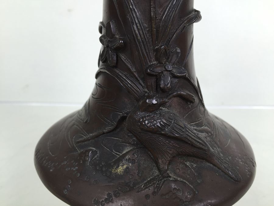 Heavy Bronze Bas-Relief Lamp Base With Bird And Floral Motif [Photo 2]