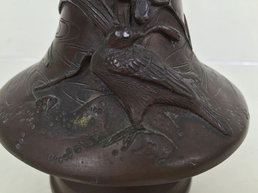 Heavy Bronze Bas-Relief Lamp Base With Bird And Floral Motif [Photo 4]