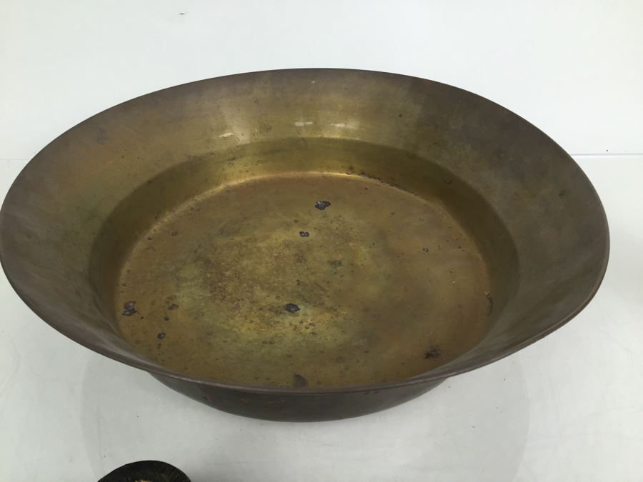 Large Hand Made Brass Bowl With Pair Of Candlestick Holders [Photo 3]
