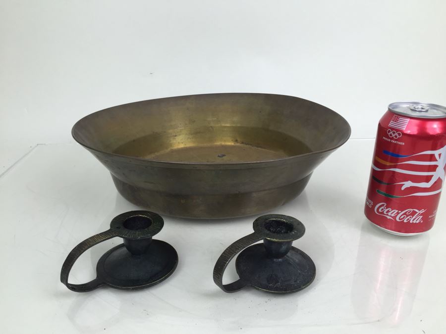 Large Hand Made Brass Bowl With Pair Of Candlestick Holders [Photo 1]