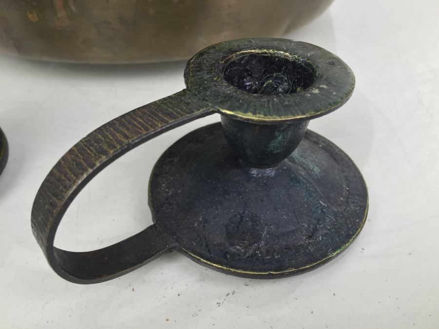 Large Hand Made Brass Bowl With Pair Of Candlestick Holders [Photo 2]