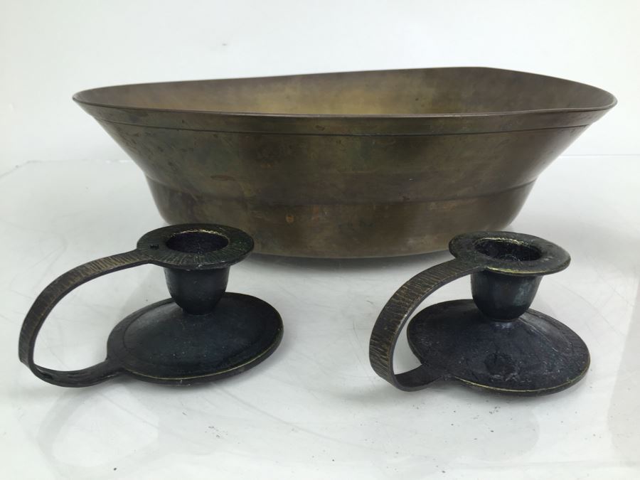 Large Hand Made Brass Bowl With Pair Of Candlestick Holders [Photo 4]