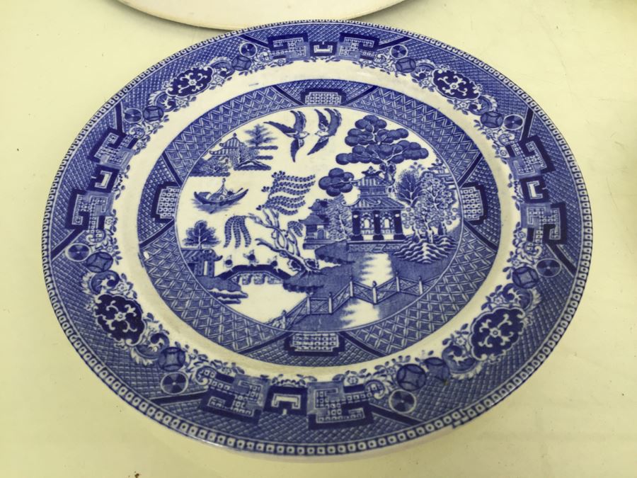 Antique SemiVitreous Buffalo Pottery Blue Willow Plate And Bowl Lot