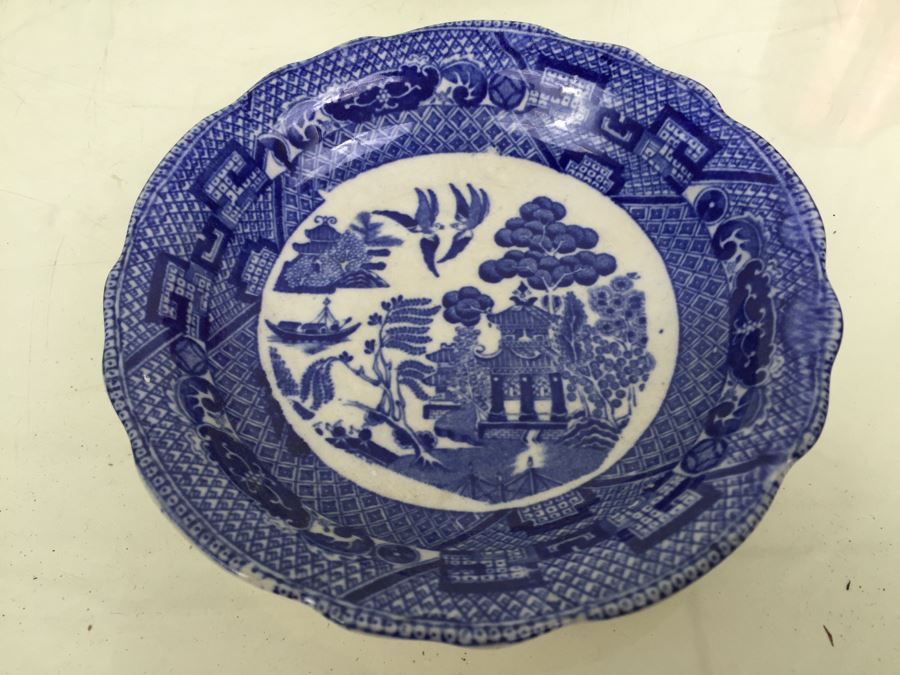 Antique SemiVitreous Buffalo Pottery Blue Willow Plate And Bowl Lot