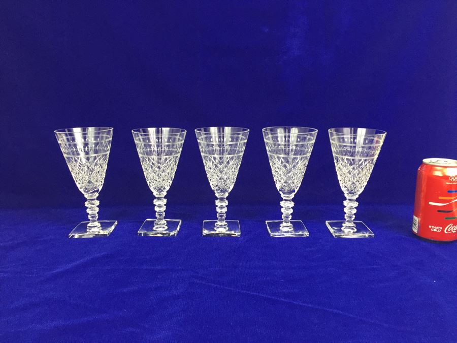 Set Of 5 Art Deco HAWKES (Steuben) Lead Crystal Stemware Glasses Square Base And Notched Stem