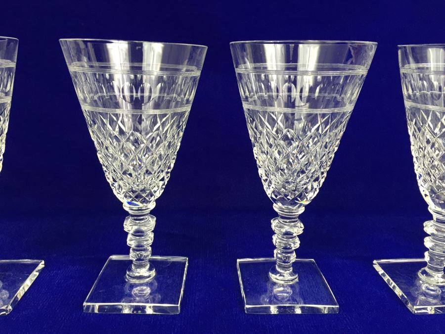 Set Of 5 Art Deco HAWKES (Steuben) Lead Crystal Stemware Glasses Square Base And Notched Stem [Photo 4]